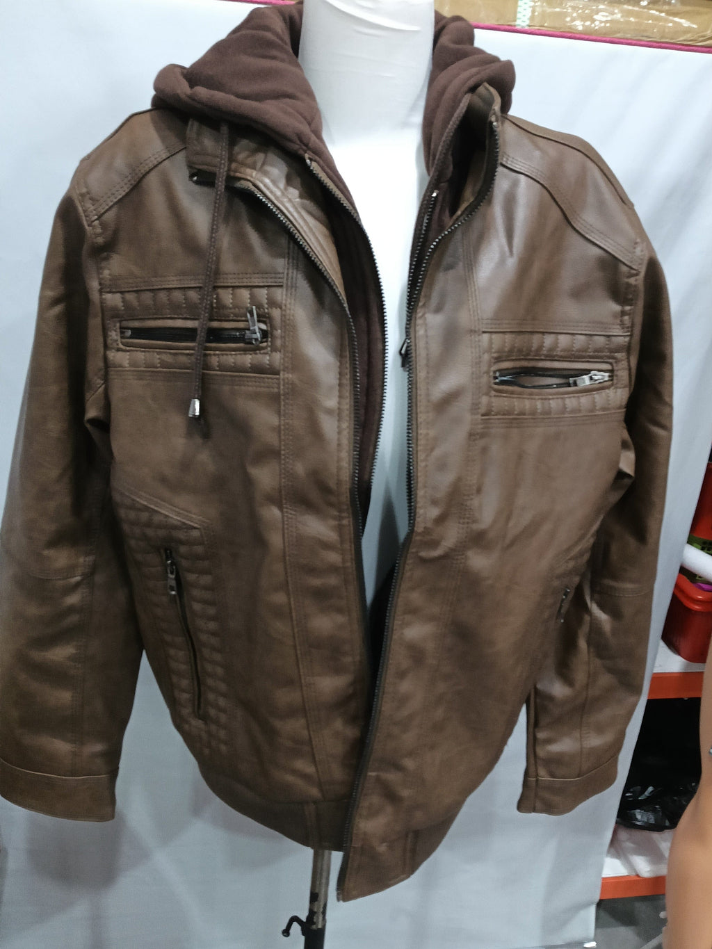 Men's PU Leather Motorcycle Jacket – Hooded Removable Bomber with Zipper Pockets