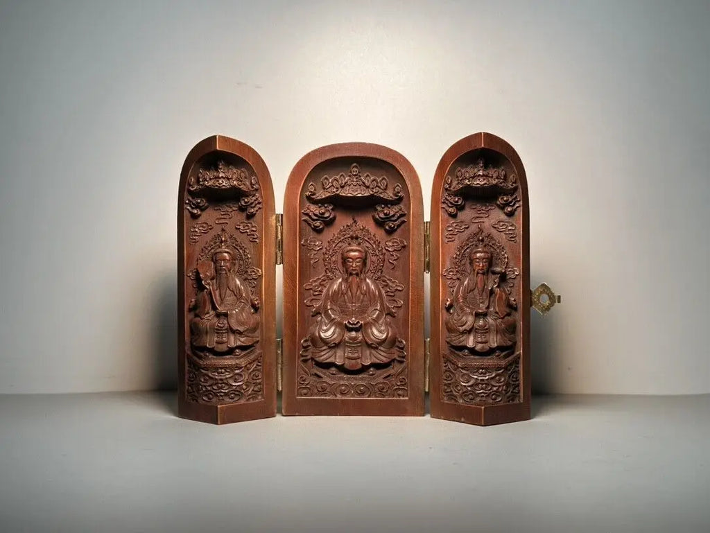 Three Panel Open Box Taoist Saints Wooden Carving - Good for Feng Shui