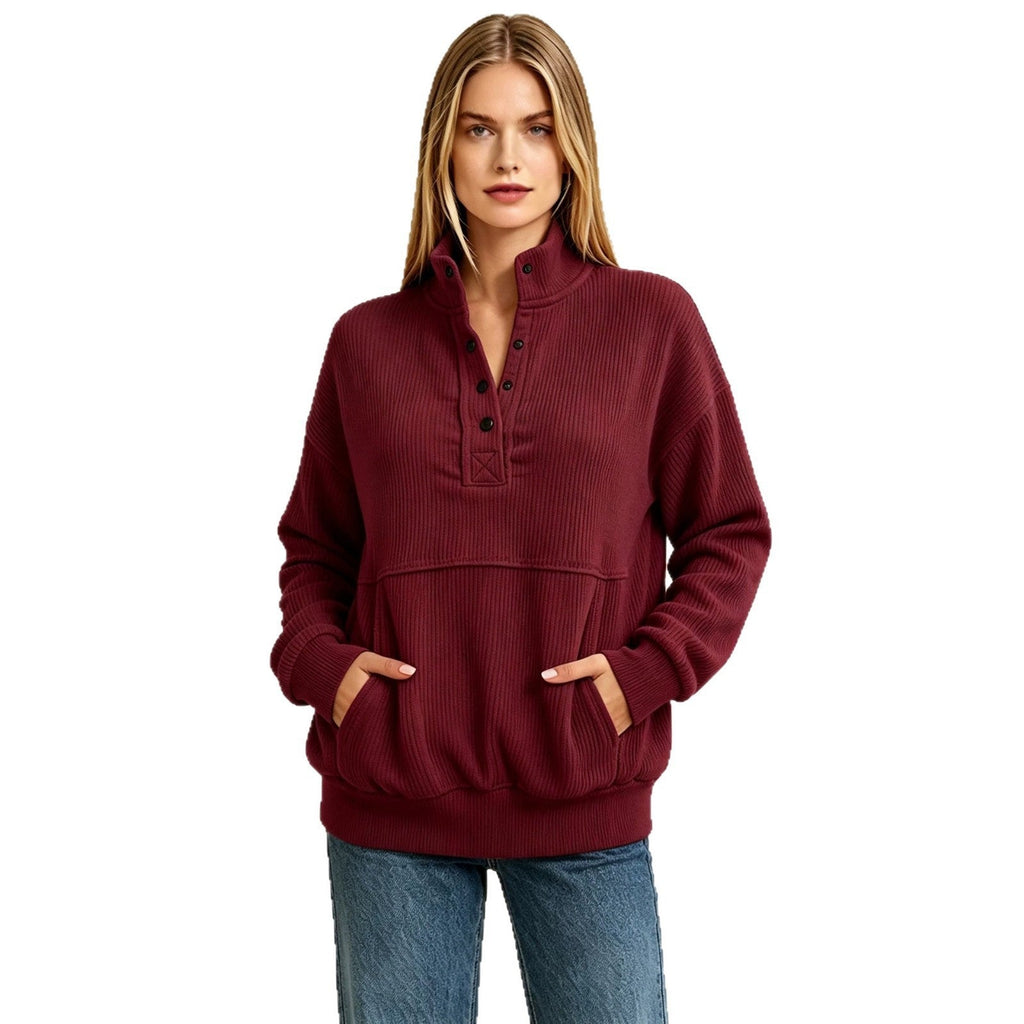 Women's Textured Button-Neck Sweatshirt with Front Pocket