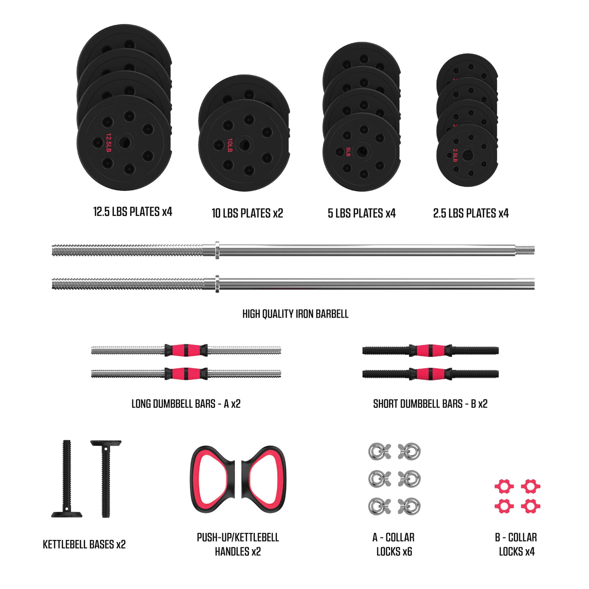 Smartbell Gym, 100Lbs. Adjustable Dumbbells, Kettlebells and Barbell Weight Set, Metal Barbell