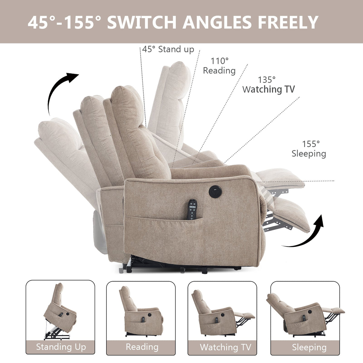 Khaki Chenille Power Lift Recliner Chair with Massage and Heat