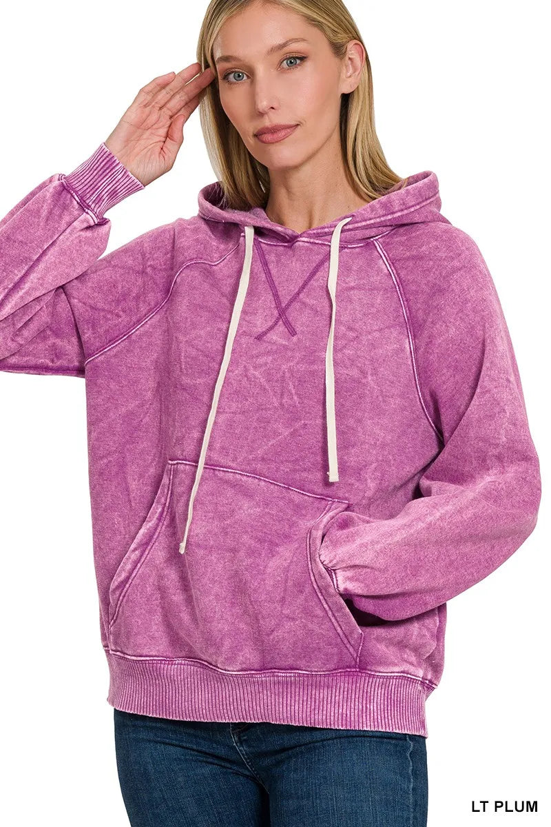 Zenana Acid Wash Fleece Hoodie with Kangaroo Pocket