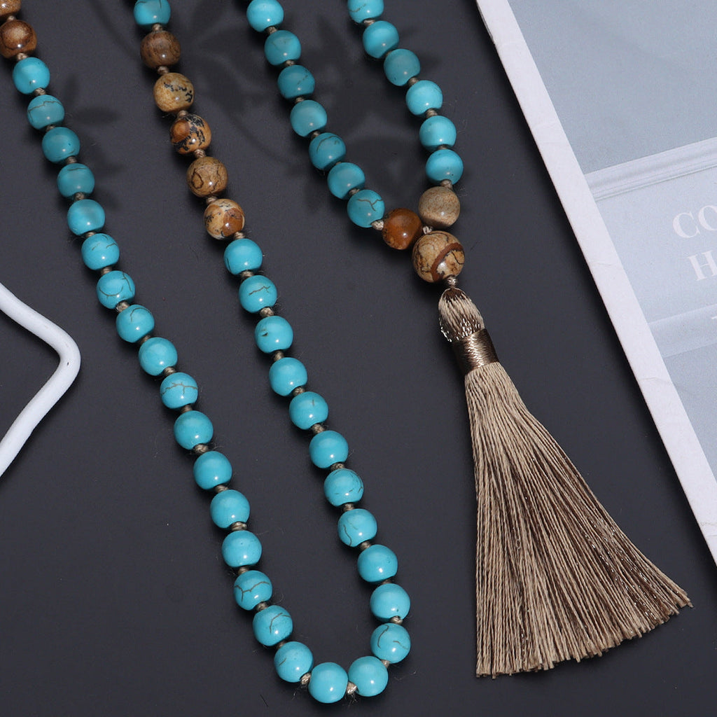 THE ARTIST'S MALA: Vintage Blue Pine Painted Stone Necklace
