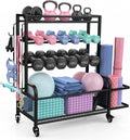 Dumbbell Rack,4-Tie Weight Rack for Dumbbells and Kettlebells, All-In-One Home Gym Storage Organizer with Wheels and Hooks, Steel Workout Equipment Storage for Yoga Mats and Exercise Balls, Black