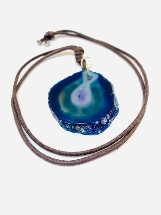 Blue Agate Slab Pendant Necklace Adjustable Leather Cord