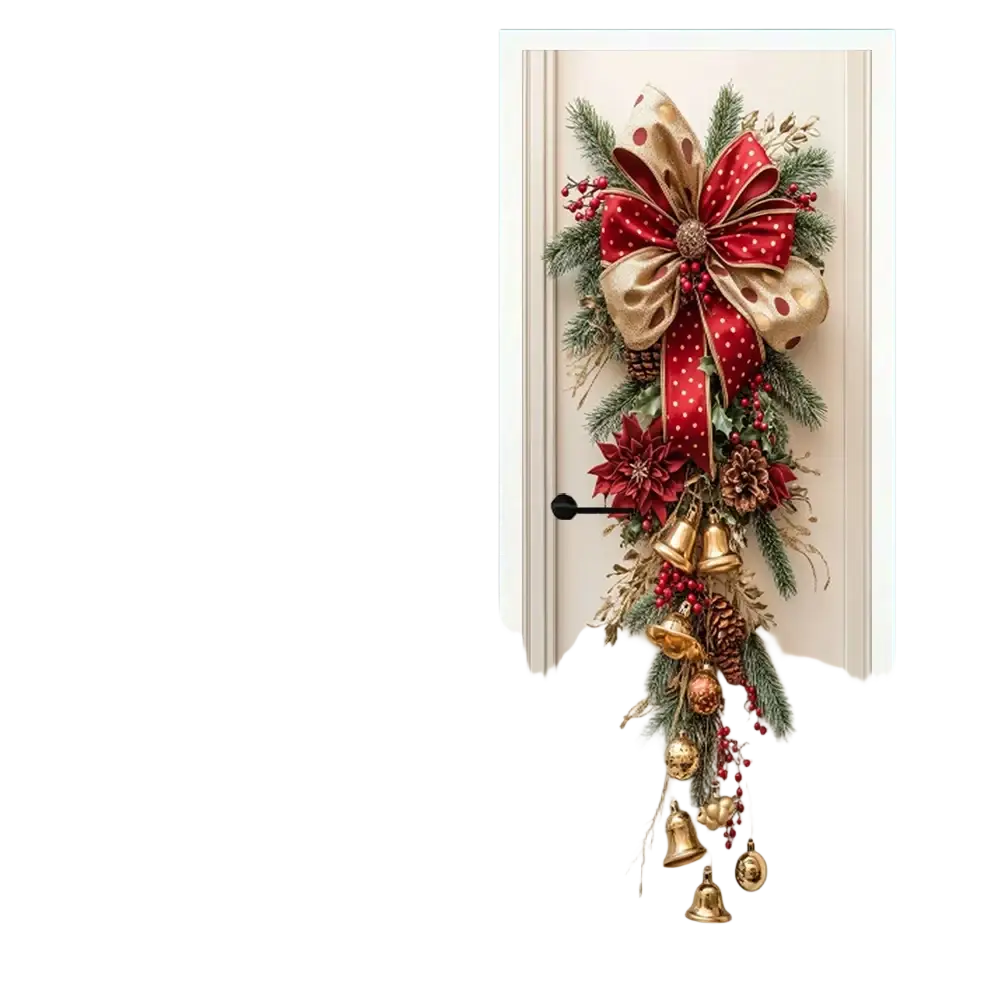 Christmas Door Wreath with Bells and Red Bow