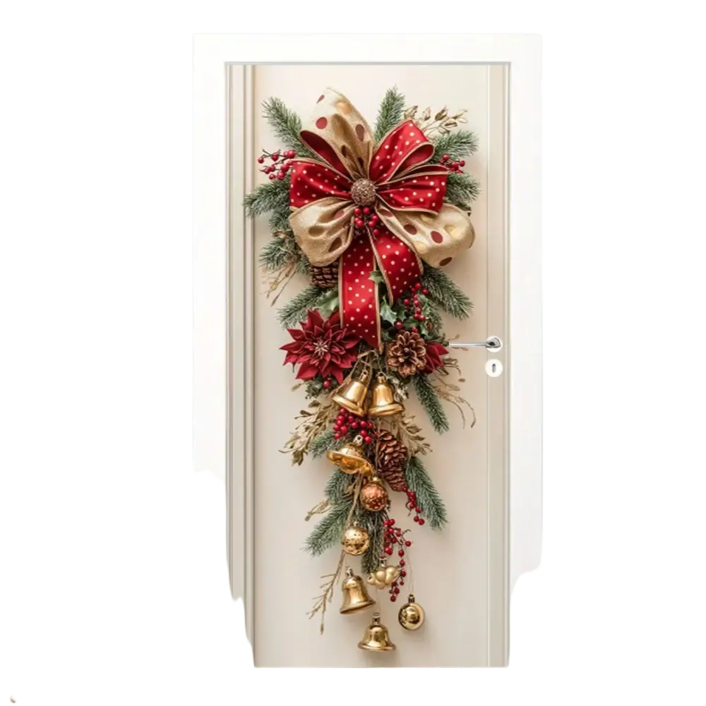Christmas Door Wreath with Bells and Red Bow