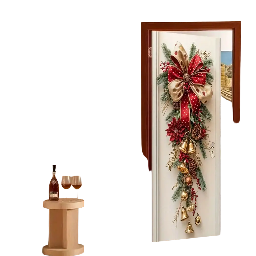 Christmas Door Wreath with Bells and Red Bow