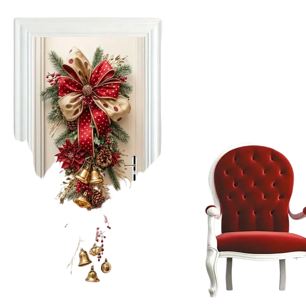 Christmas Door Wreath with Bells and Red Bow