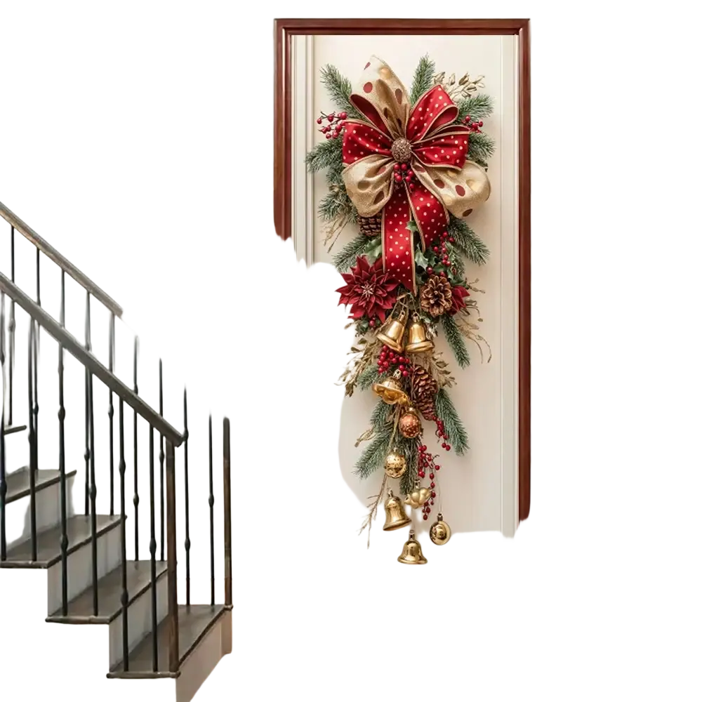 Christmas Door Wreath with Bells and Red Bow