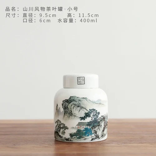 Chinese Landscape Tea Storage Pot with Lid