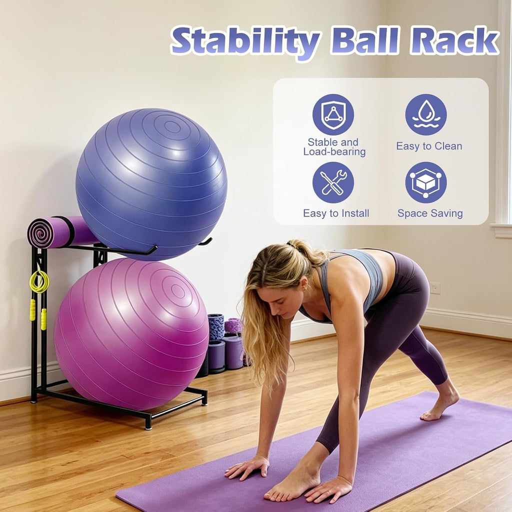 Exercise Ball Storage Rack with Hooks – Home Gym Organizer