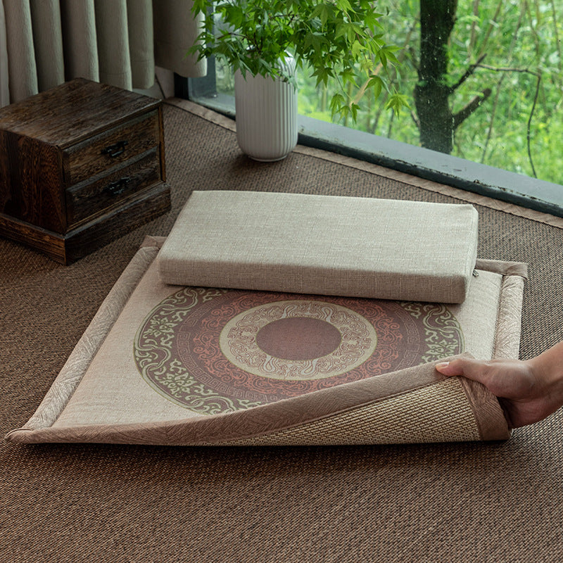 Double-Sided Meditation Cushion Set – Auspicious Botanical Fabric & Bamboo Fiber (Two-Tier)