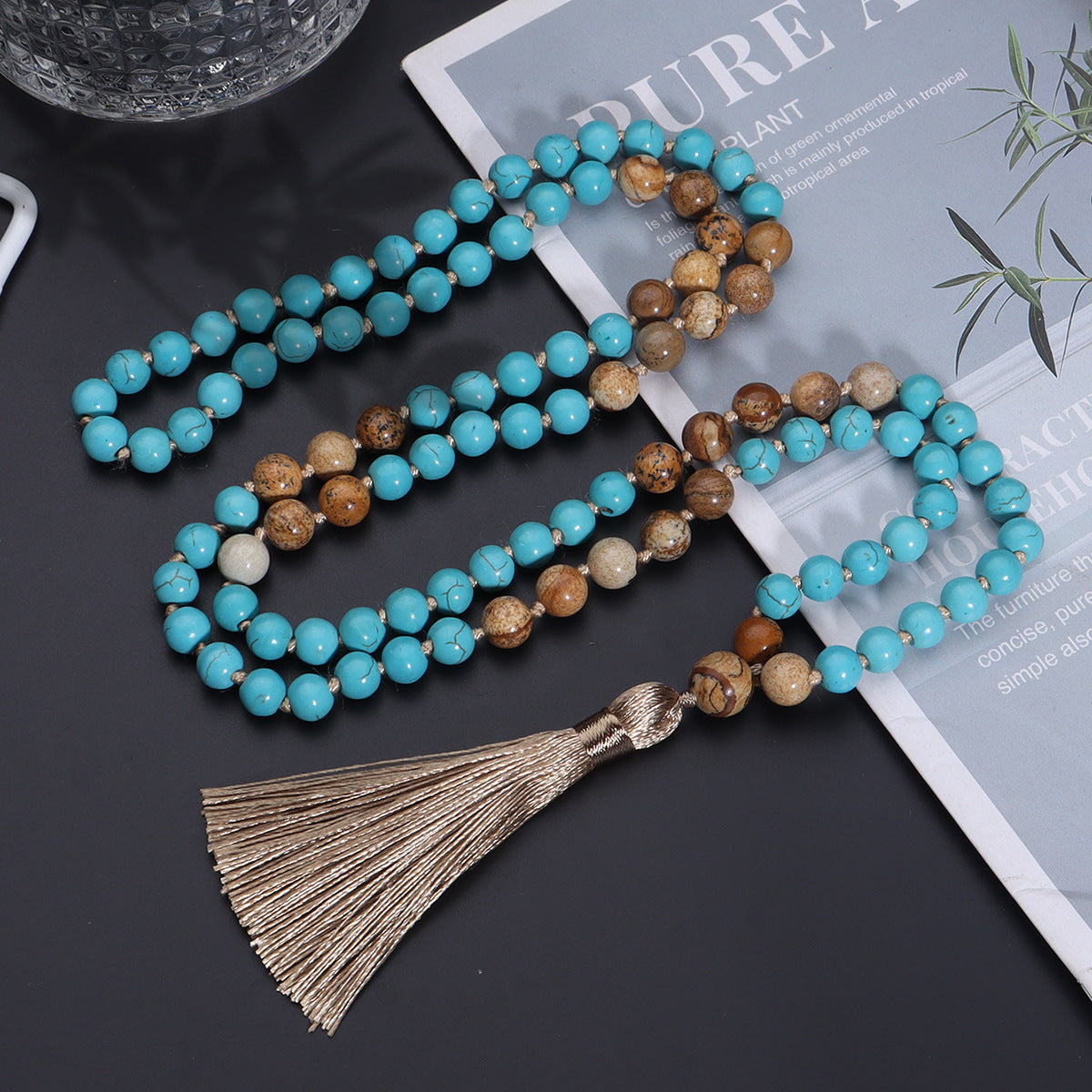 THE ARTIST'S MALA: Vintage Blue Pine Painted Stone Necklace