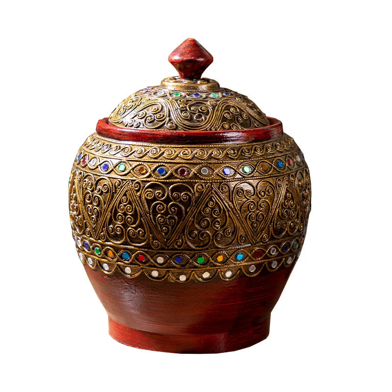‌Handcrafted Thai Teakwood Jar with Mosaic Colored Glass Lid – Boho Storage Canister