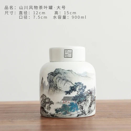 Chinese Landscape Tea Storage Pot with Lid