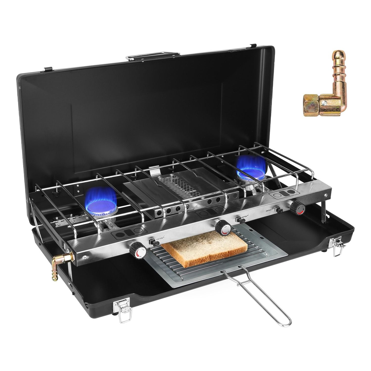 3-Burner Portable Propane Camping Stove with Windshield & Toast Tray