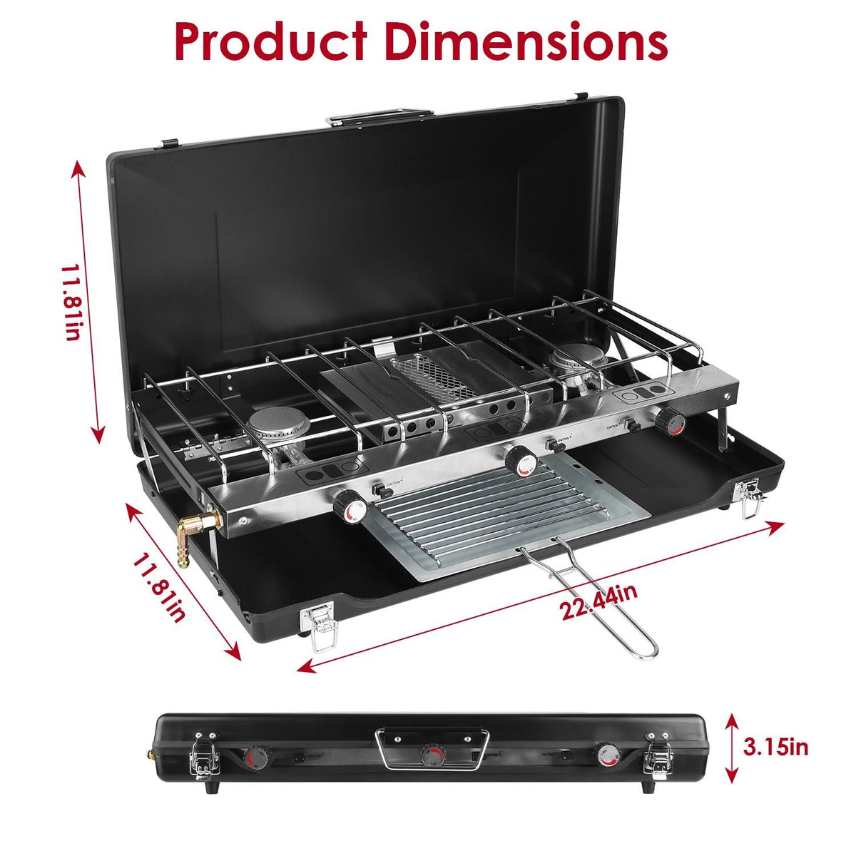 3-Burner Portable Propane Camping Stove with Windshield & Toast Tray