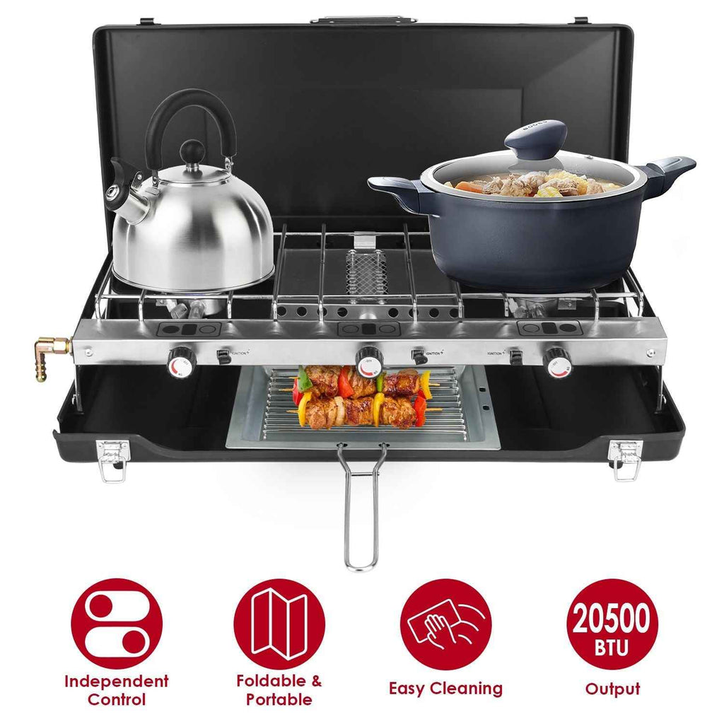 3-Burner Portable Propane Camping Stove with Windshield & Toast Tray