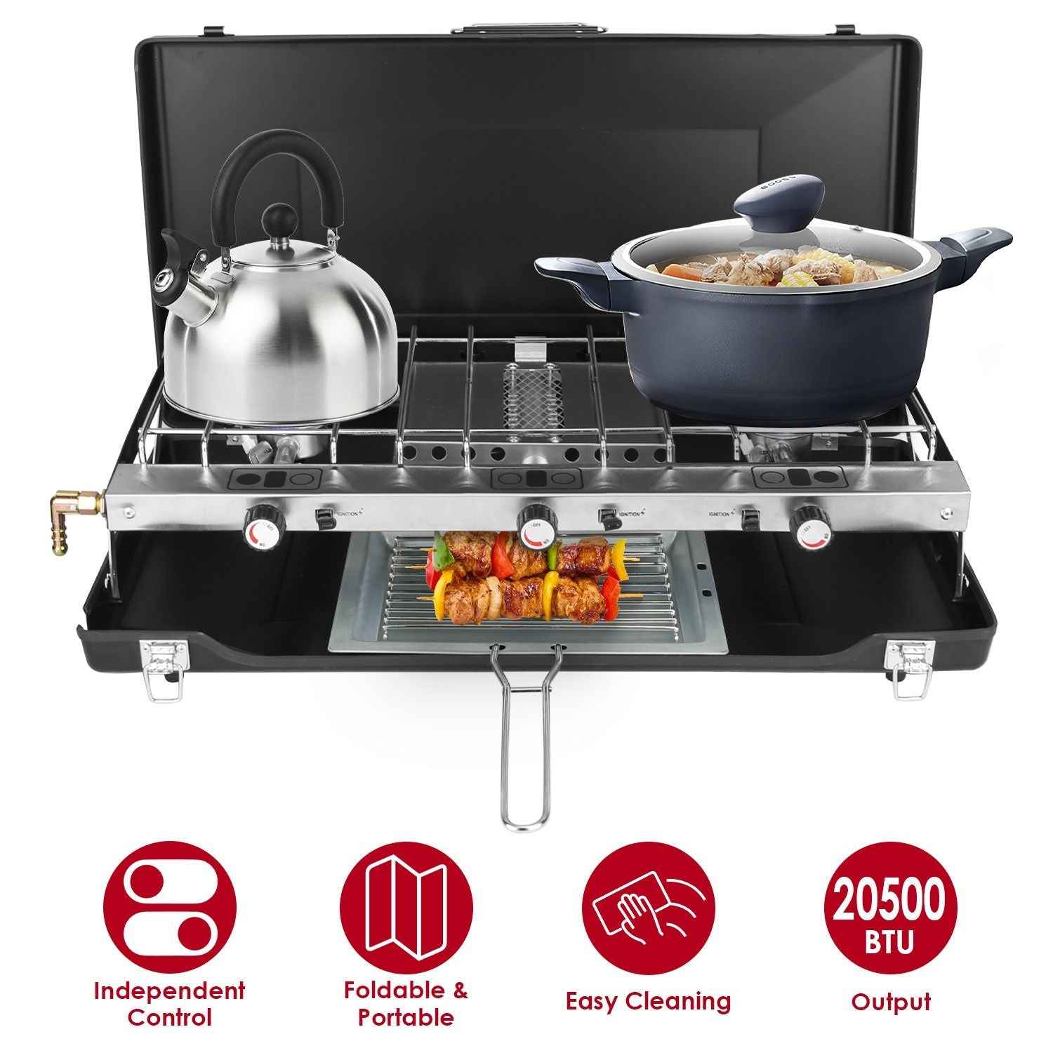 3-Burner Portable Propane Camping Stove with Windshield & Toast Tray