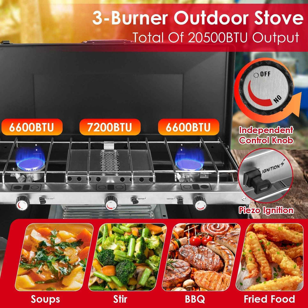 3-Burner Portable Propane Camping Stove with Windshield & Toast Tray