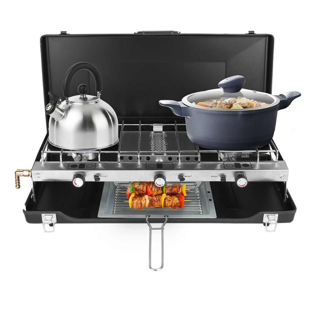 3-Burner Portable Propane Camping Stove with Windshield & Toast Tray