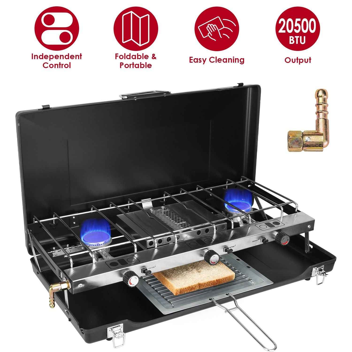 3-Burner Portable Propane Camping Stove with Windshield & Toast Tray