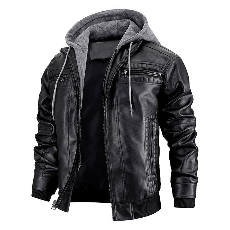 Men's PU Leather Motorcycle Jacket – Hooded Removable Bomber with Zipper Pockets