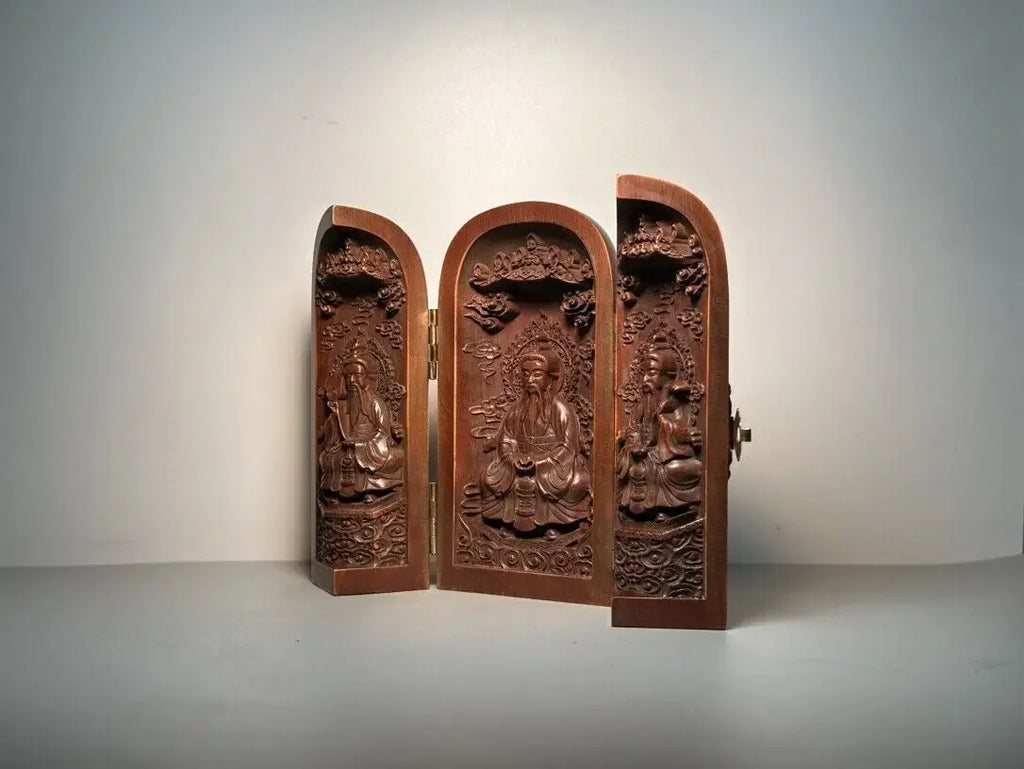 Three Panel Open Box Taoist Saints Wooden Carving - Good for Feng Shui