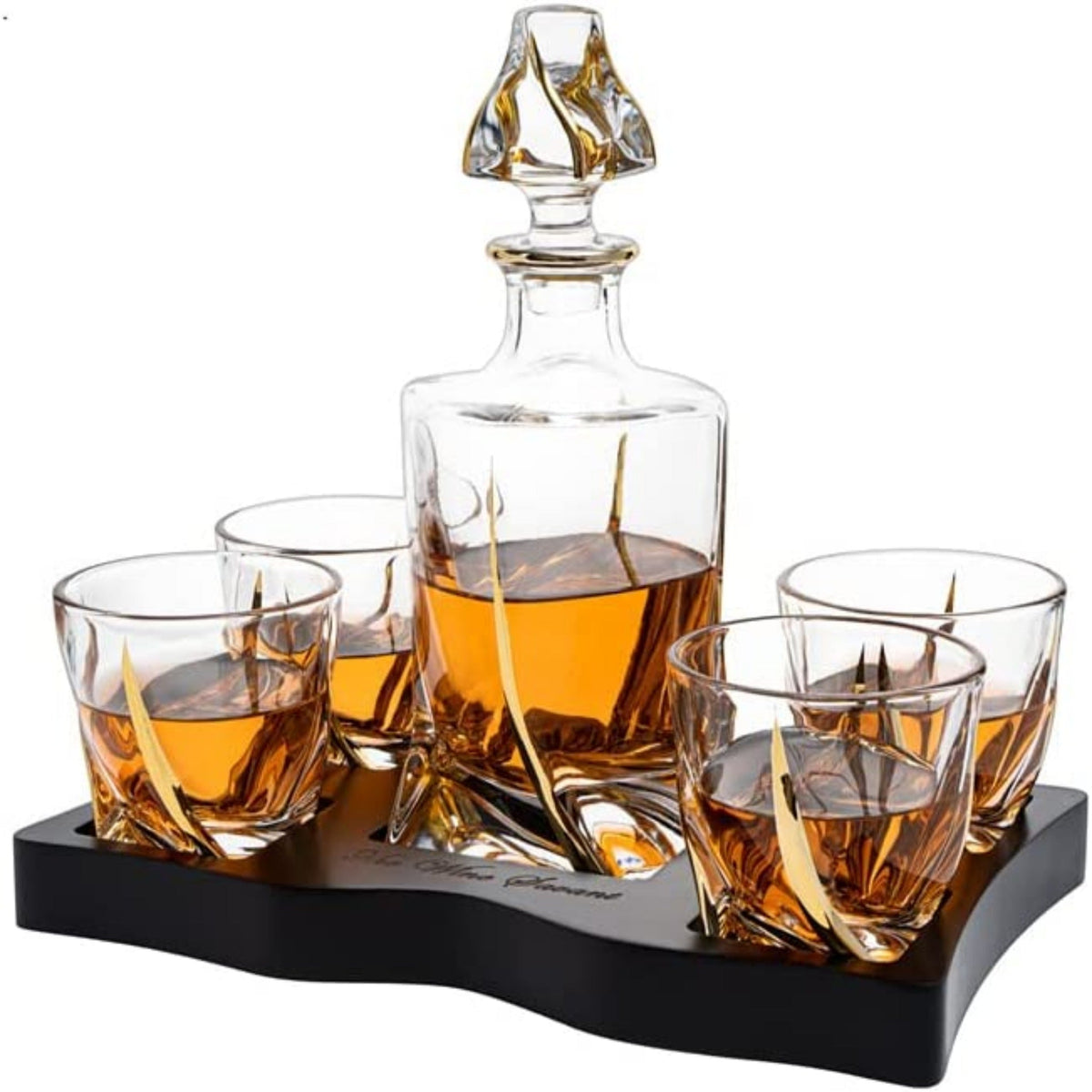 European Style Gold Wine & Whiskey Gold Twist Spiral Decanter 855ml with 4 Glasses & Wood Tray Set by The Wine Savant