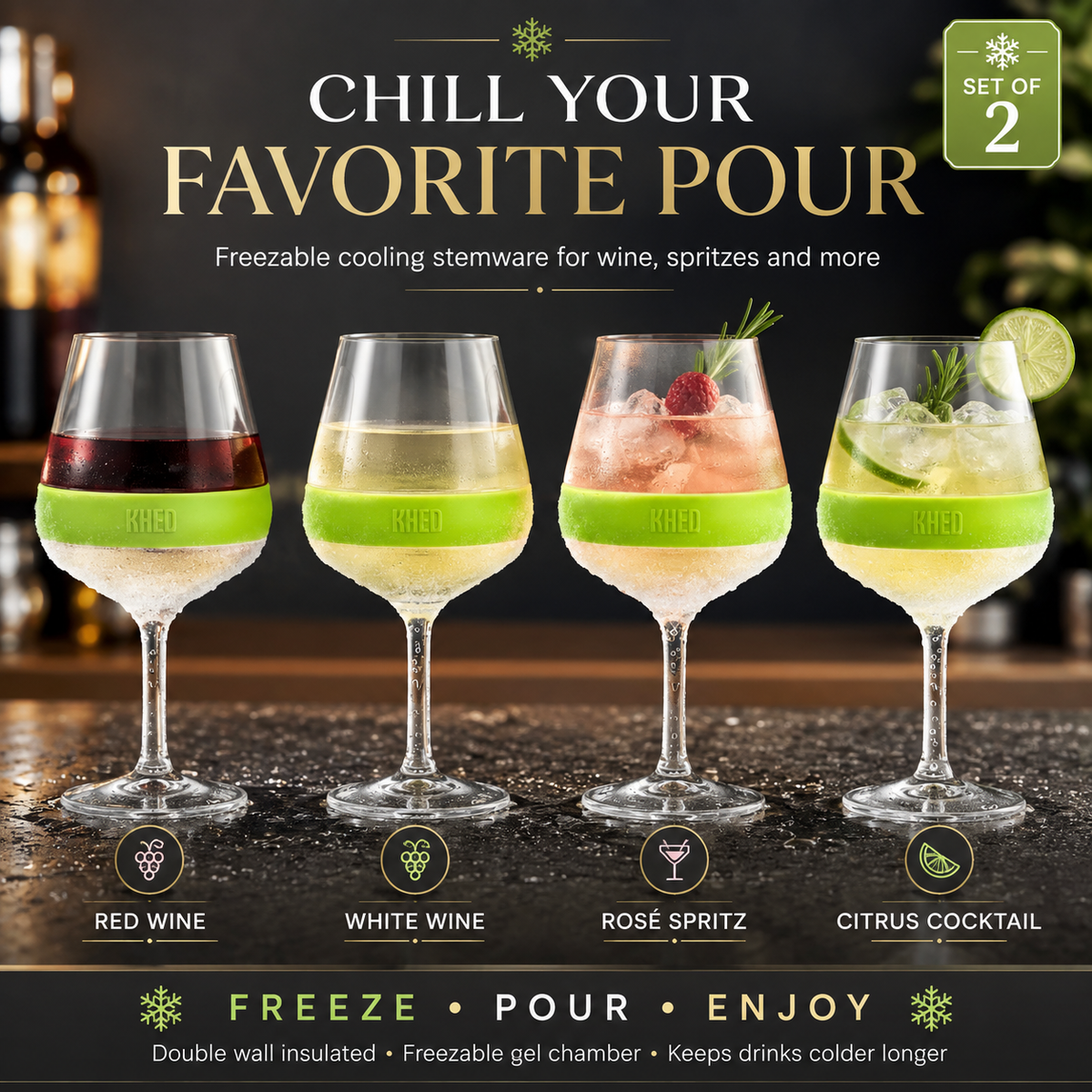 Stemmed Acrylic Cooling Wine  Glasses 14oz | Set of 2 | Green