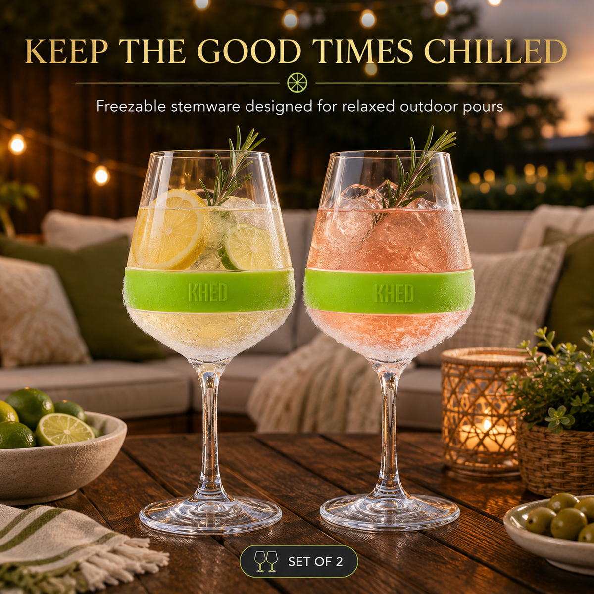 Stemmed Acrylic Cooling Wine  Glasses 14oz | Set of 2 | Green