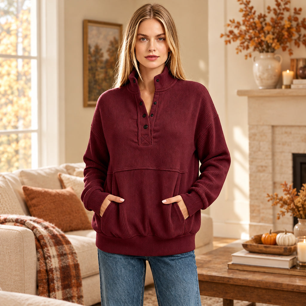 Women's Textured Button-Neck Sweatshirt with Front Pocket