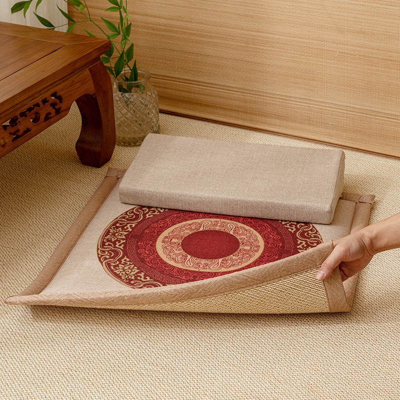 Double-Sided Meditation Cushion Set – Auspicious Botanical Fabric & Bamboo Fiber (Two-Tier)