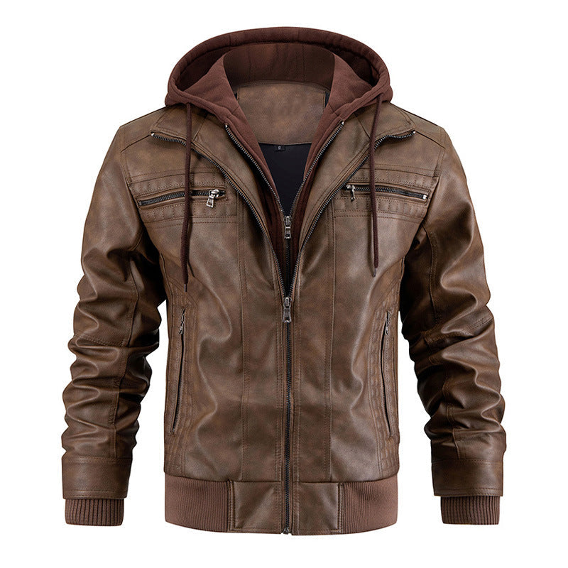 Men's PU Leather Motorcycle Jacket – Hooded Removable Bomber with Zipper Pockets