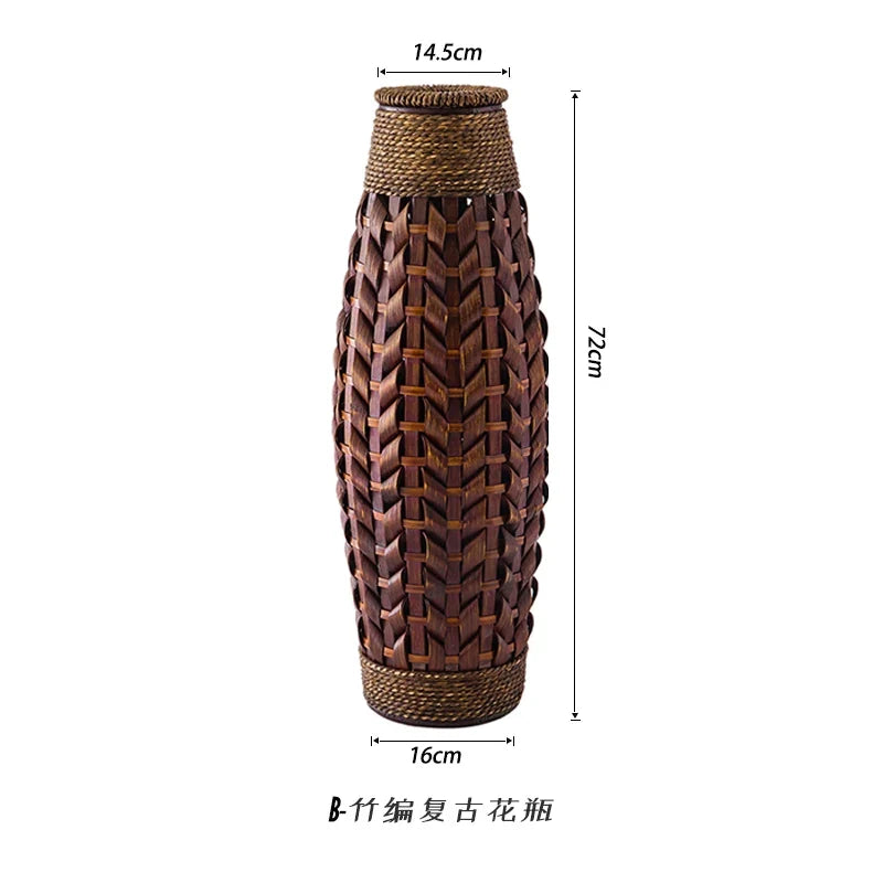 Retro Woven Rattan & Bamboo Glass Vase – Natural Dried Flower Basket