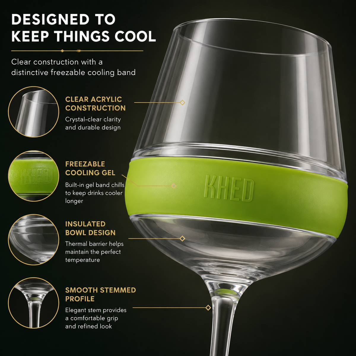 Stemmed Acrylic Cooling Wine  Glasses 14oz | Set of 2 | Green