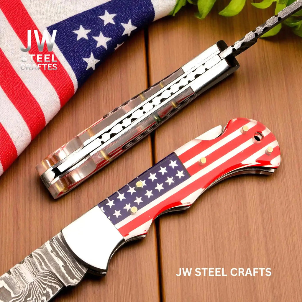 American Flag Damascus Folding Knife Hunter with Ram Horn Handle