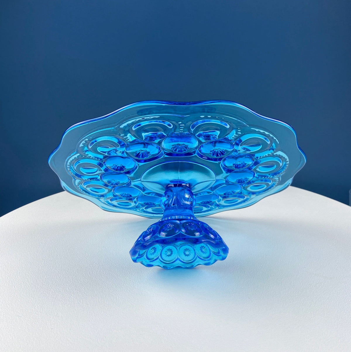 Vintage Aqua Blue Glass Footed Serving Bowl. LE Smith Moon and Stars Glass Bowl with Scalloped  Edge. Fruit Bowl. Dining Room Decor.