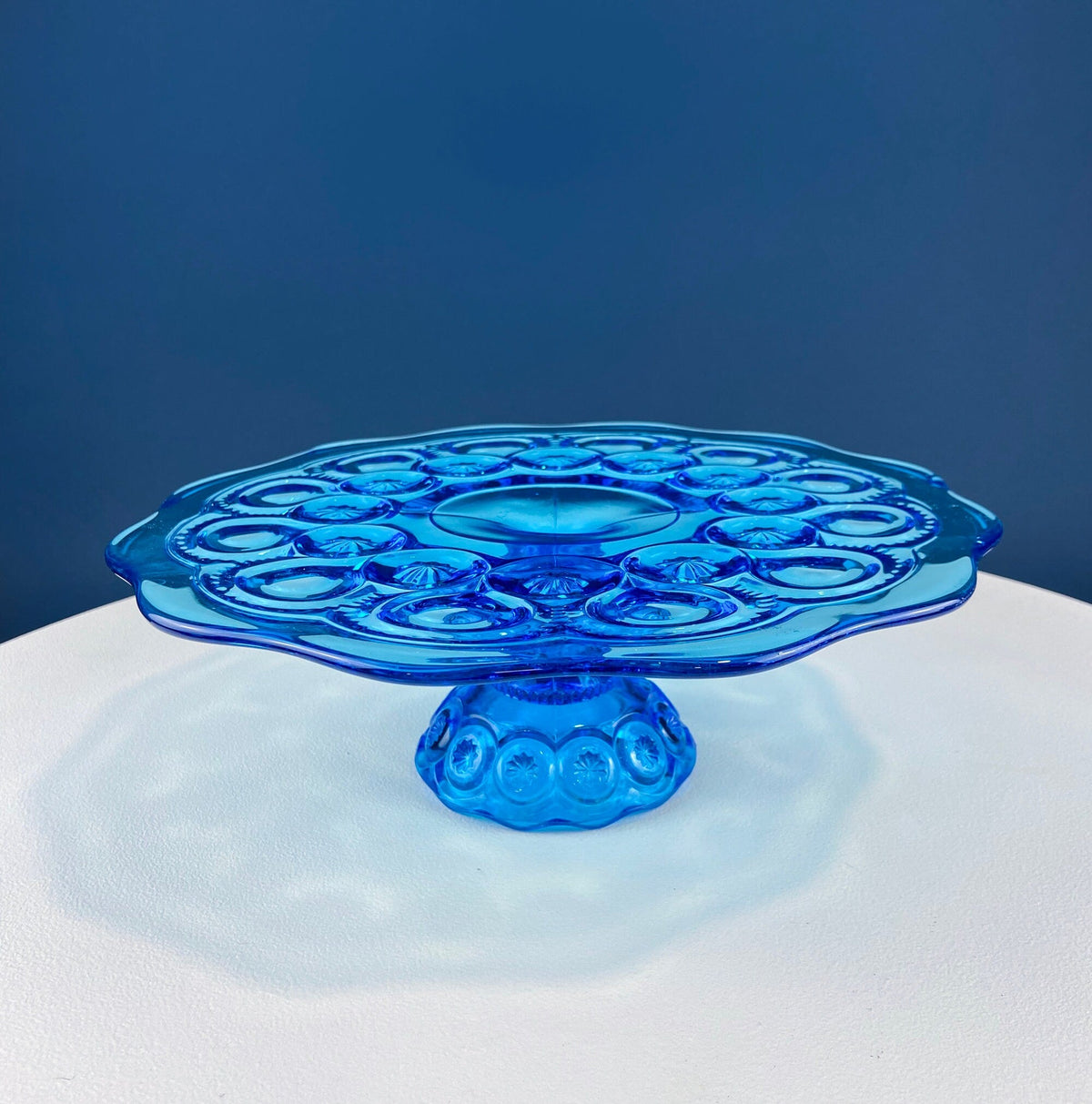 Vintage Aqua Blue Glass Footed Serving Bowl. LE Smith Moon and Stars Glass Bowl with Scalloped  Edge. Fruit Bowl. Dining Room Decor.