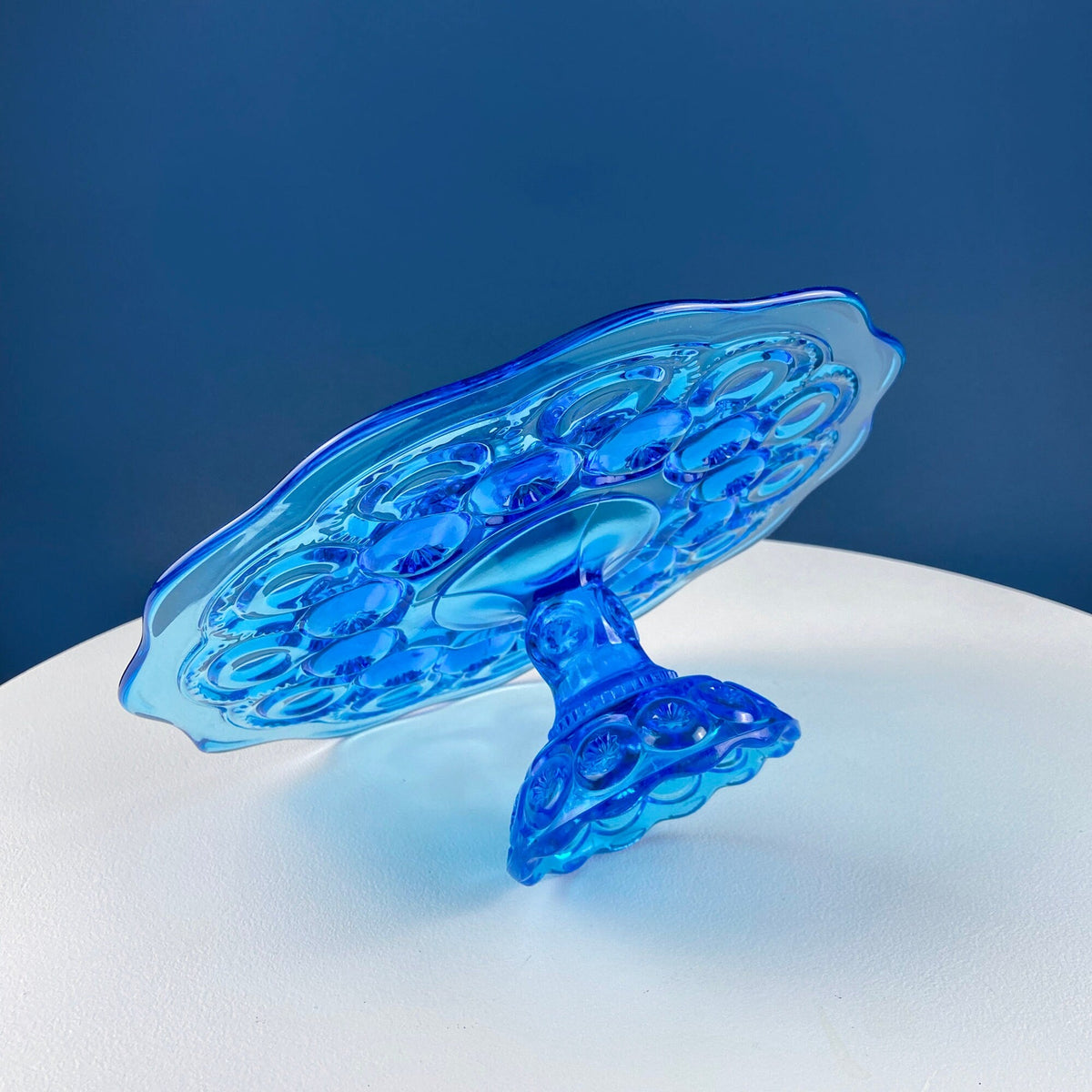 Vintage Aqua Blue Glass Footed Serving Bowl. LE Smith Moon and Stars Glass Bowl with Scalloped  Edge. Fruit Bowl. Dining Room Decor.