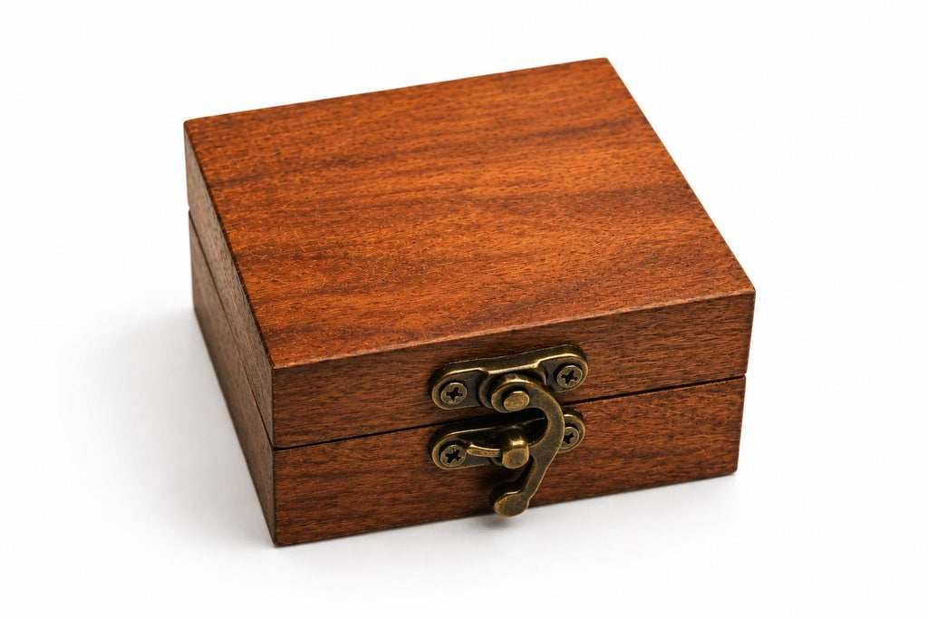 Black Opal Ring, Stainless Steel Wedding Band, Cherry Wood Box