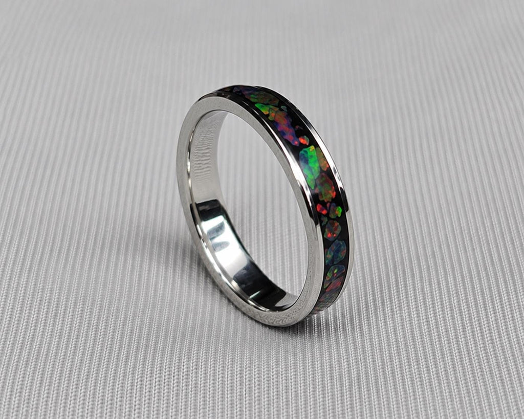 Black Opal Ring, Stainless Steel Wedding Band, Cherry Wood Box