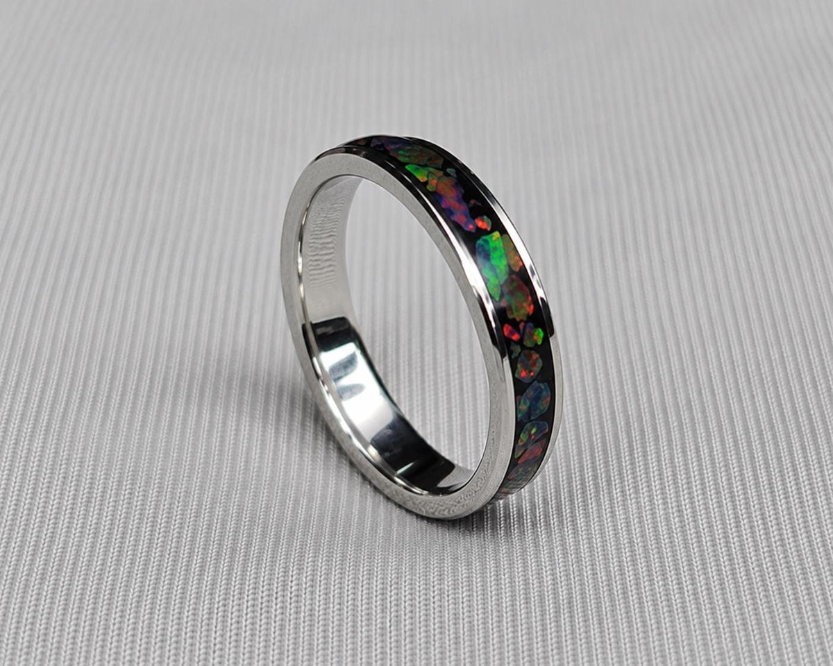 Black Opal Ring, Stainless Steel Wedding Band, Cherry Wood Box