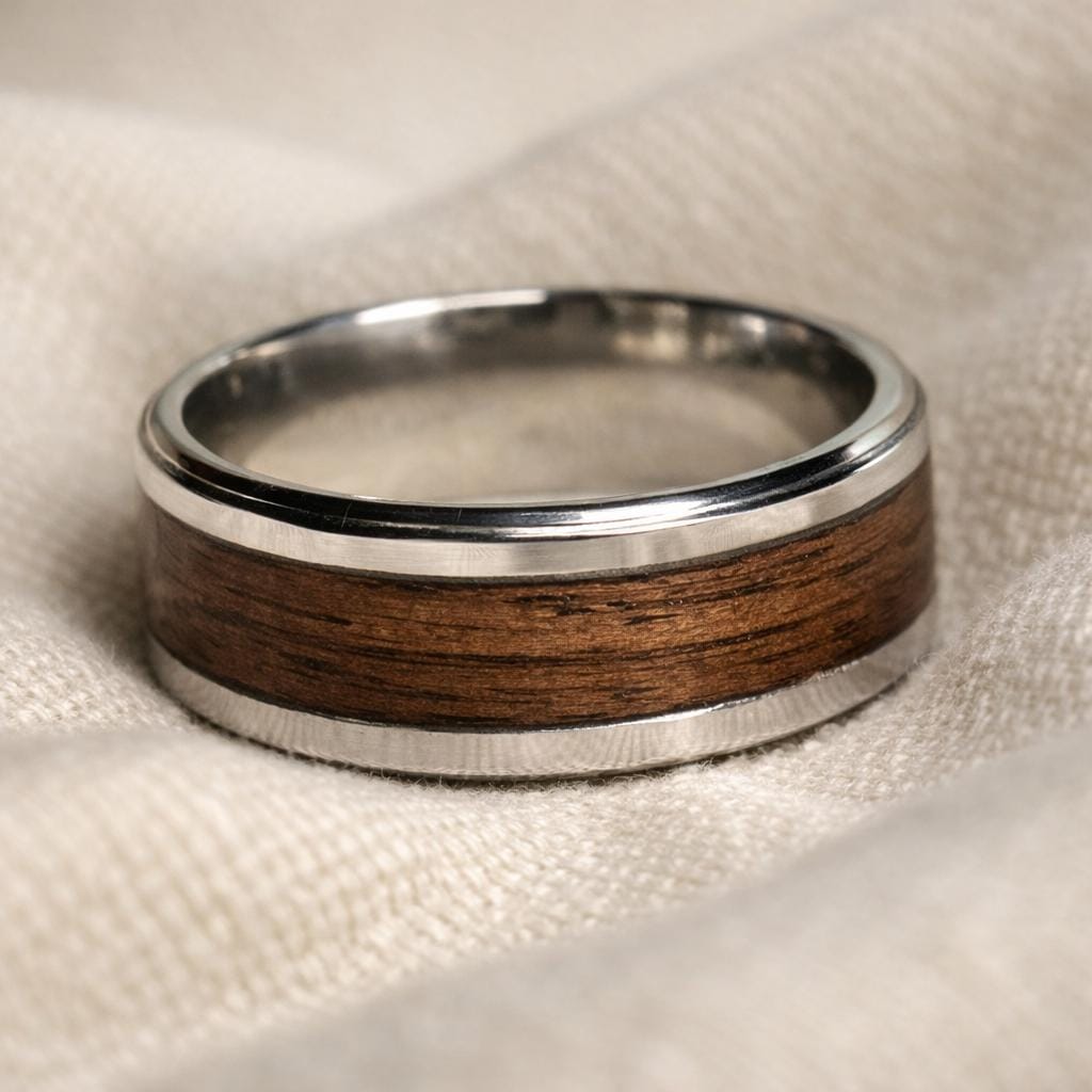 8mm Walnut Wood Stainless Steel Ring and Case Gift Set – Rustic Men’s Wedding Band, Comfort Fit