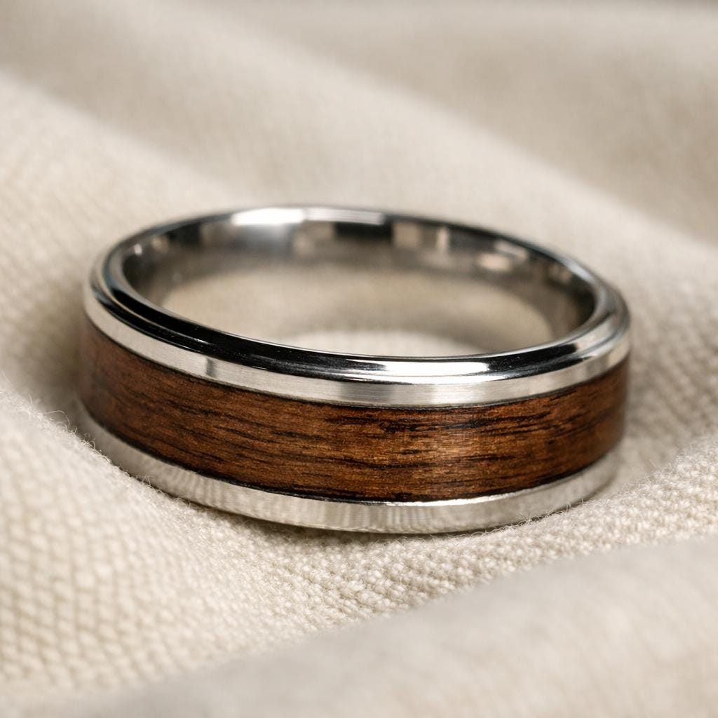 8mm Walnut Wood Stainless Steel Ring and Case Gift Set – Rustic Men’s Wedding Band, Comfort Fit