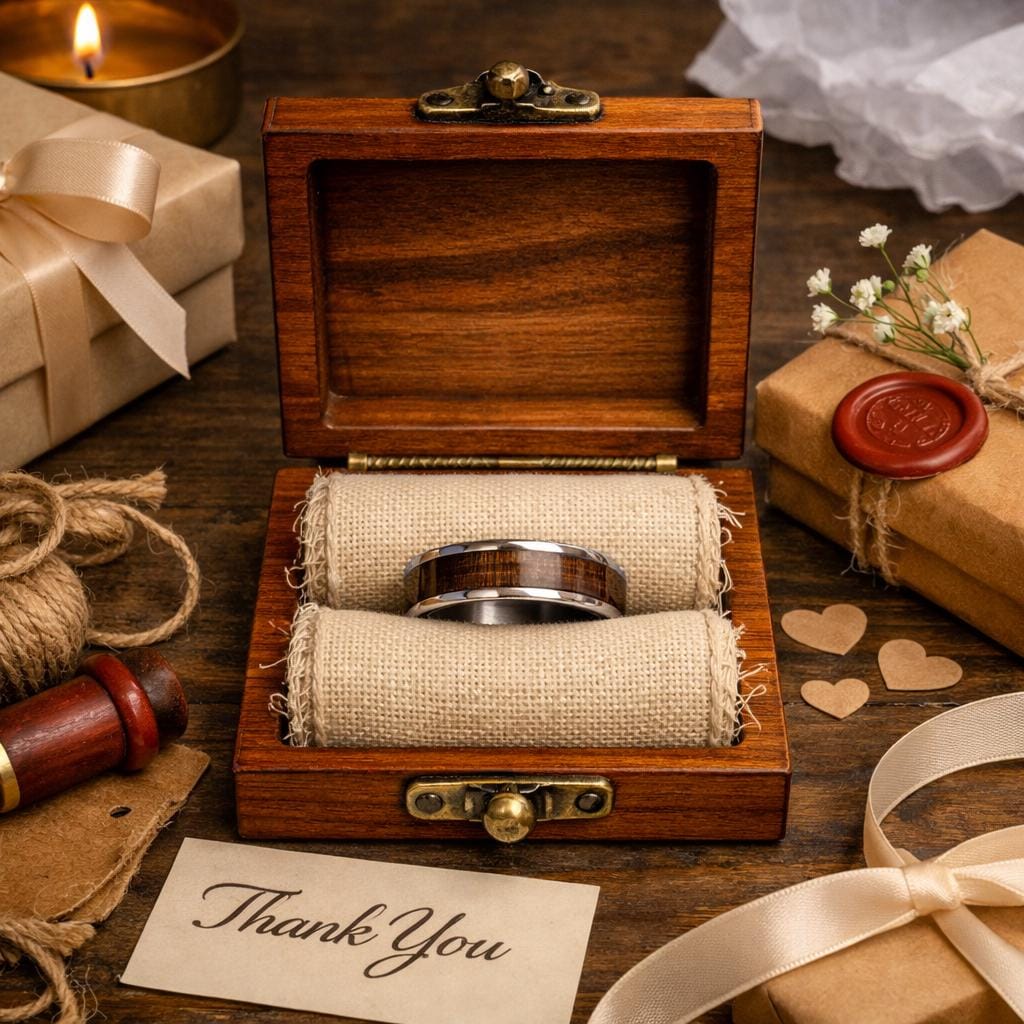 8mm Walnut Wood Stainless Steel Ring and Case Gift Set – Rustic Men’s Wedding Band, Comfort Fit