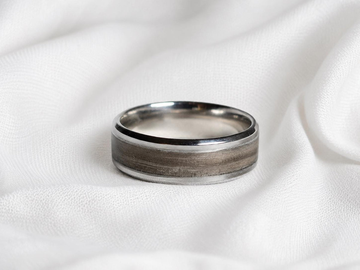 Gray Dyed Lacewood Ring | Stainless Steel Men's Wedding Band, Cherry Wood Box