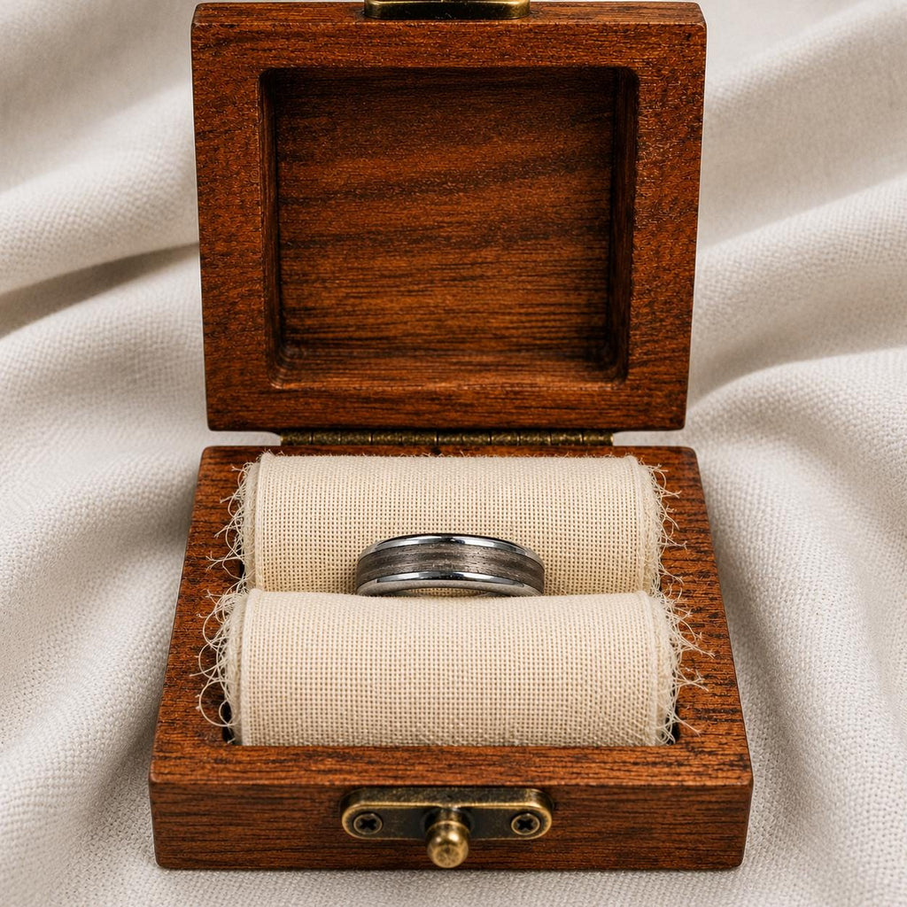 Gray Dyed Lacewood Ring | Stainless Steel Men's Wedding Band, Cherry Wood Box