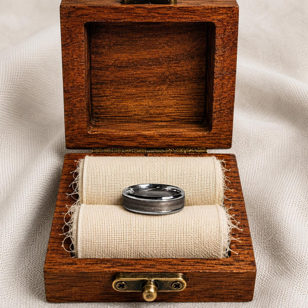 Gray Dyed Lacewood Ring | Stainless Steel Men's Wedding Band, Cherry Wood Box